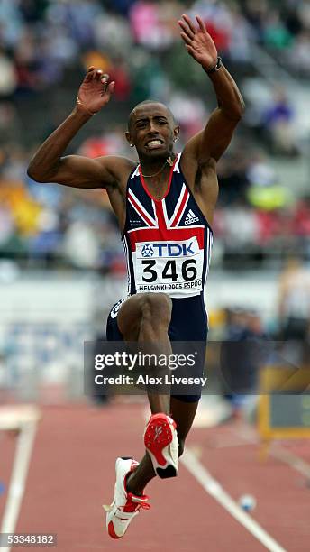 Nathan Douglas of Great Britain competes during the men's Triple Jump qualifier at the 10th IAAF World Athletics Championships on August 10, 2005 in...