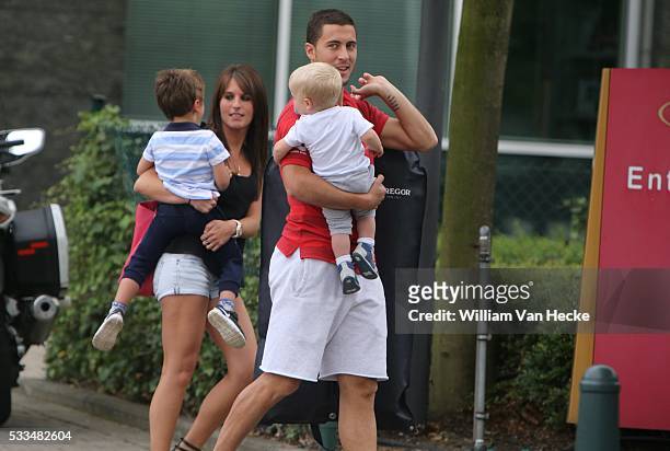 Eden Hazard of the national football team of Belgium is seen leaving at the Crown Plaza Hotel in Diegem with his wife Natascha and children Yanis and...