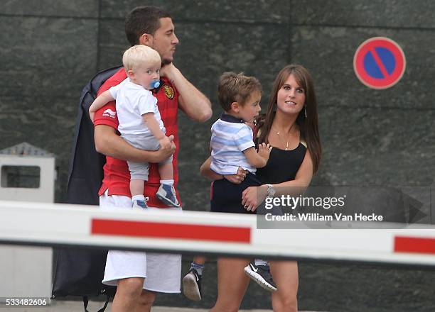 Eden Hazard of the national football team of Belgium is seen leaving at the Crown Plaza Hotel in Diegem with his wife Natascha and children Yanis and...