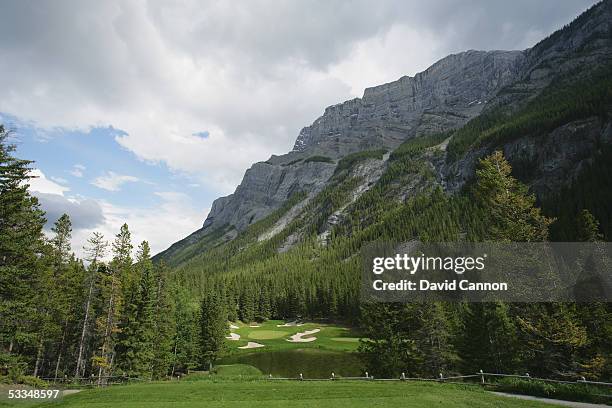 The 199 yard par 3, 4th hole 'The Devil's Cauldron' on the Stanley Thompson Eighteen Course at The Fairmont Banff Springs Resort on June 24, 2005 in...