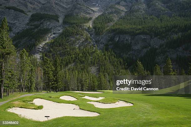 The green on the 536 yard, par 5, 3rd hole on the Stanley Thompson Eighteen Course at The Fairmont Banff Springs Resort on June 24, 2005 in Banff,...