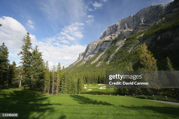 The 199 yard par 3, 4th hole 'The Devil's Cauldron' on the Stanley Thompson Eighteen Course at The Fairmont Banff Springs Resort on June 24, 2005 in...