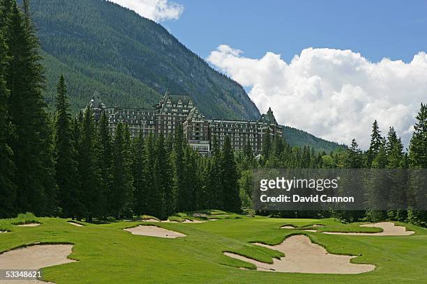 The 447 yard, par 4, 14th hole 'Wampum' on the Stanley Thompson Eighteen Course at The Fairmont Banff Springs Resort on June 24, 2005 in Banff,...