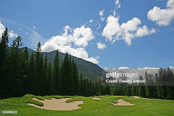 The 447 yard, par 4, 14th hole 'Wampum' on the Stanley Thompson Eighteen Course at The Fairmont Banff Springs Resort on June 24, 2005 in Banff,...