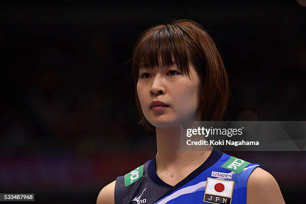 Saori Kimura of Japan looks on prior to the Women's World Olympic Qualification game between Netherlands and Japan at Tokyo Metropolitan Gymnasium on...