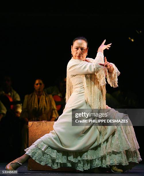Cristina Hoyos dances during the presentation of her flamenco show "Viaje Al Sur" in the Movistar theatre, 10 August 2005 in Madrid. Cristina Hoyos...