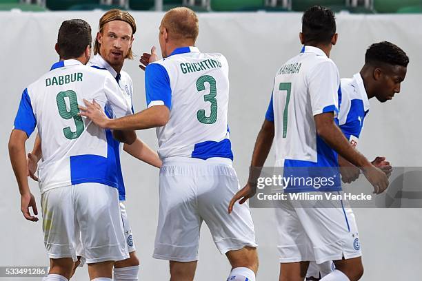 Michael Lang of Grasshopper Club celebrates scoring a goal during the Europa League play off game between Grasshoppers Club Zurich and Club Brugge KV...