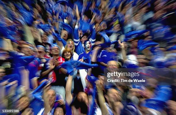 Exhibition Soccer Match. France vs Belgium 2002. Final preparatory home match before the 2002 World Cup. French soccer supporterscheer on "the...