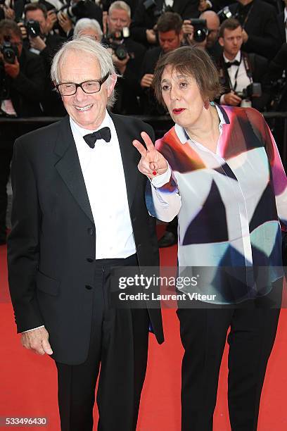 Ken Loach and Rebecca O'Brien attend the Closing Ceremony during the 69th annual Cannes Film Festival on May 22, 2016 in Cannes, France.