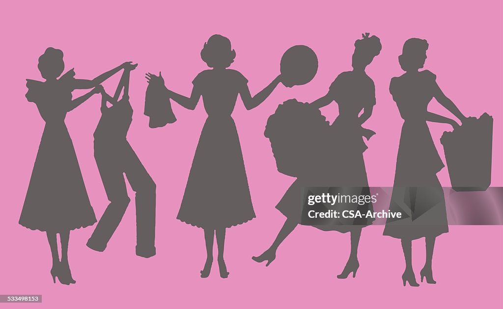 Silhouette of Women Doing Chores