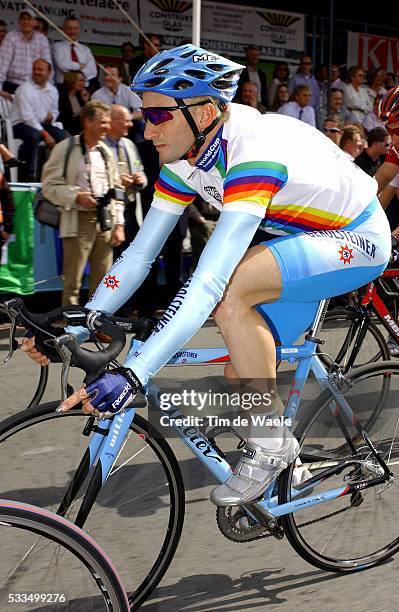 Cycling - 2004 Gistel Criterium. World Champion Davide Rebellin in the race paying tribute to Belgian cyclist Johan Museeuw, who is retiring as a...