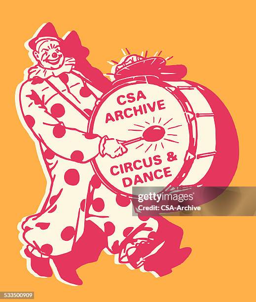 circus clown beating csa archive drum - clown stock illustrations