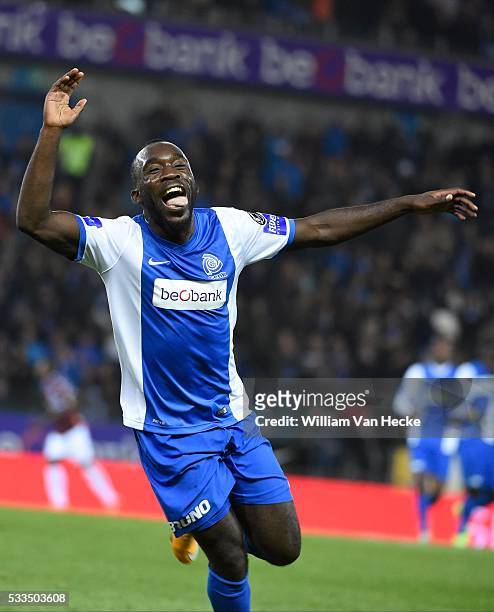 Herve Kage of KRC Genk celebrates scoring a goal pictured during the Jupiler Pro league match between KRC Genk and K.Lierse SK on 28 october 2014 in...