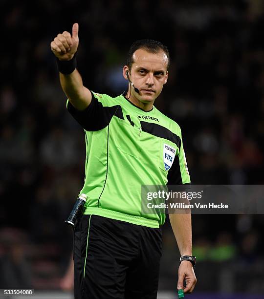 Alexandre Boucaut gestures pictured during the Jupiler Pro league match between RCS Charleroi and Club Brugge K.V on 02 november 2014 in Charleroi,...