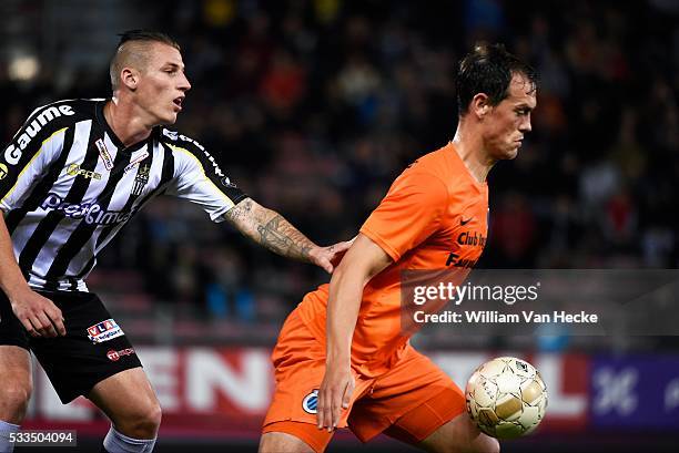 Sebastien Dewaest of Charleroi and Tom De Sutter of Club Brugge pictured during the Jupiler Pro league match between RCS Charleroi and Club Brugge...