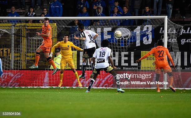 Goalkeeper Mathew Ryan of Club Brugge and Cedric Faure of Charleroi pictured during the Jupiler Pro league match between RCS Charleroi and Club...