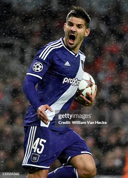 Alexandar Mitrovic of RSC Anderlecht celebrates with teammates after scoring pictured during the UEFA Champions League Group D match between RSC...