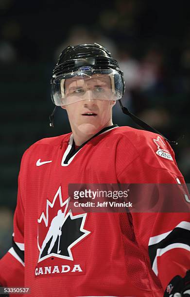 Dion Phaneuf of Team Canada looks on against Team Czech Republic during the Semi-final game at the World Junior Hockey Championships at the Ralph...