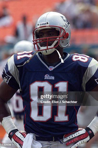 Charles Johnson of the New England Patriots looks on during the game against the Miami Dolphins at Pro Player Stadium in Miami, Florida. The Dolphins...