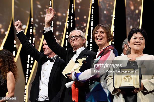 Director Ken Loach, producer Rebecca O'Brien and actress Jaclyn Rose pose after being awarded during the Closing Ceremony at the annual 69th Cannes...