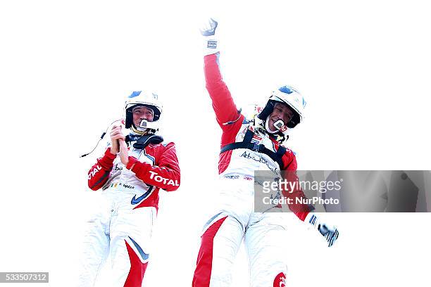And PAUL NAGLE in CITROEN DS3 WRC of team ABU DHABI TOTAL WORLD RALLY TEAM celebrates the victory of the rally during the SS19 Fafe of the WRC...