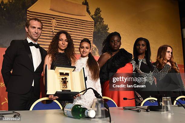 Director Houda Benyamina, winner of Camera d'Or for 'Divine', with actresses Oulaya Amamra, Deborah Lukumuena, Jisca Kalvanda and Majdouline Idrissi...
