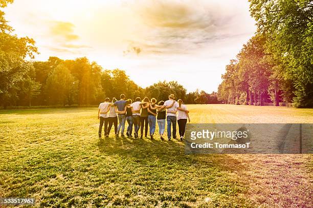 friends walking in a park at sunset arm in arm - arm in arm stock pictures, royalty-free photos & images