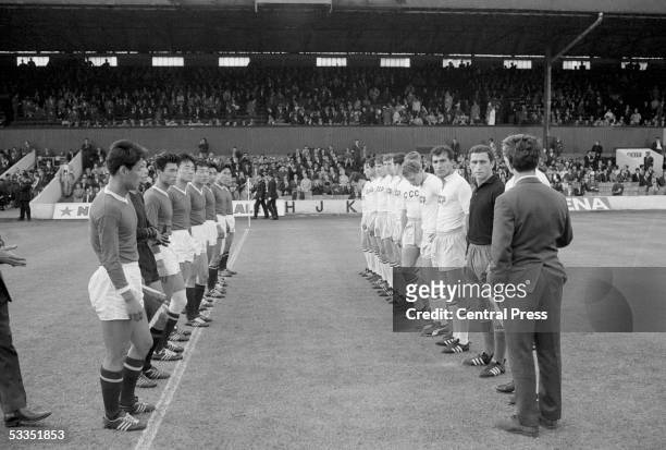 The Soviet and North Korean teams line up before their World Cup first round match at Ayresome Park, Middlesbrough, 12th July 1966. The Russians won...