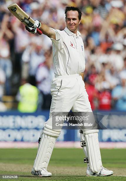 Michael Vaughan of England celebrates his century during day one of the Third npower Ashes Test between England and Australia played at Old Trafford...