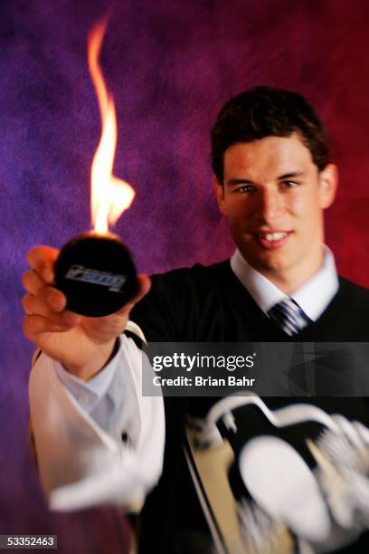 Sidney Crosby of the Pittsburgh Penguins poses for a portrait after being selected first overall during the NHL draft on July 30, 2005 at the Westin...