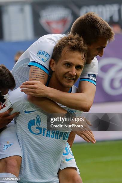 Domenico Criscito of FC Zenit St. Petersburg celebrates his goal with Maxim Palienko of FC Zenit St. Petersburg during the Russian Football Premier...