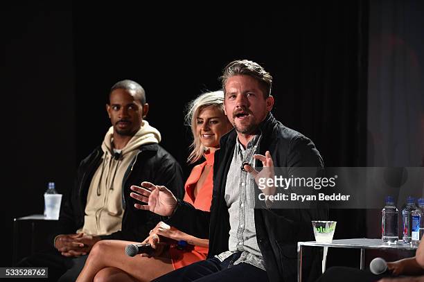 The Happy Endings Reunion panel with actors Damon Wayans Jr., Eliza Coupe and Zachary Knighton on stage during the 2016 Vulture Festival at Milk...