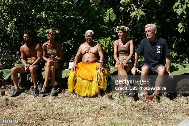 Castaways, Tom Westerman, Gregg Carey, Caryn Groedel and Janu Tornell of the Koror tribe, after winning the reward challenge, "Water Tower", during...