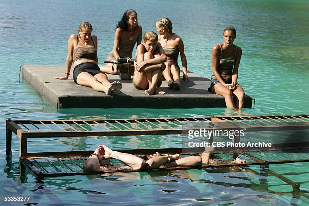 Castaways, Katie Gallagher, Janu Tornell, Caryn Groedel, Jennifer Lyon and Stephanie LaGrossa, on the dock, during the immunity challenge, "Last...