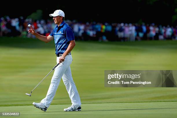 Jordan Spieth walks off the 18th green during the Final Round at AT&T Byron Nelson on May 22, 2016 in Irving, Texas.