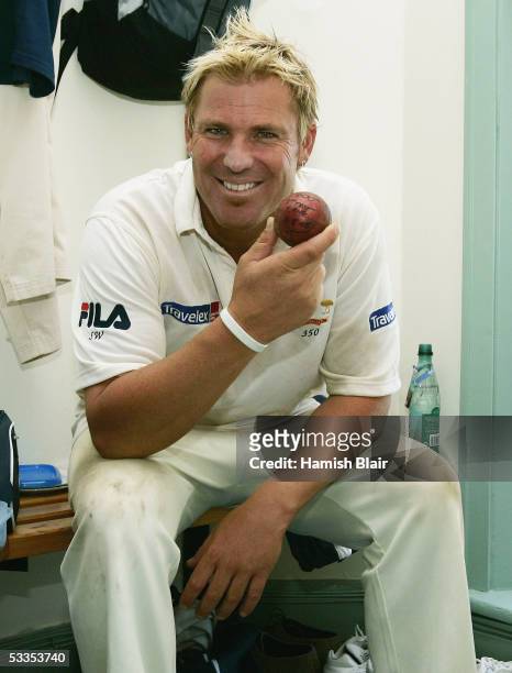 Shane Warne of Australia poses with the ball he used to take his 600th career Test Wicket after day one of the Third npower Ashes Test between...