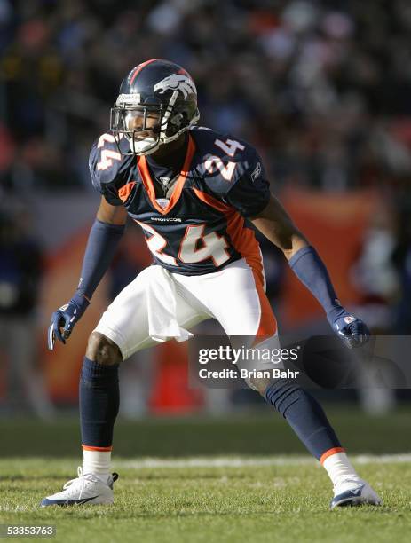 Champ Bailey of the Denver Broncos gets into position during the game against the Miami Dolphins on December 12, 2004 at Invesco Field at Mile High...