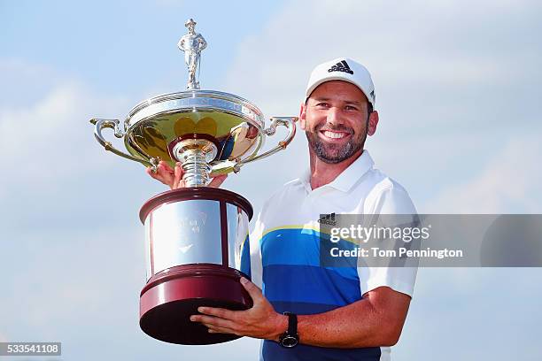 Sergio Garcia of Spain poses with the trophy after winning the AT&T Byron Nelson at the TPC Four Seasons Resort on May 22, 2016 in Irving, Texas.