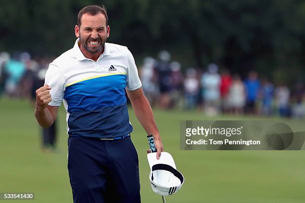 Sergio Garcia of Spain celebrates after defeating Brooks Koepka on the first playoff hole to win the AT&T Byron Nelson on May 22, 2016 in Irving,...