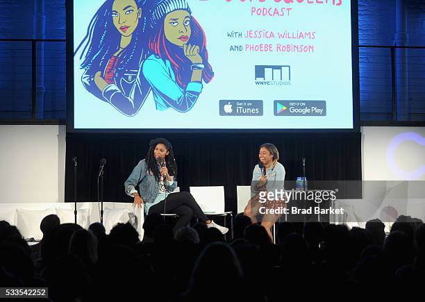 Comedians Jessica Williams and Phoebe Robinson perform onstage during the 2 Dope Queens podcast at the Vulture Festival Casper Podcast Lounge at...