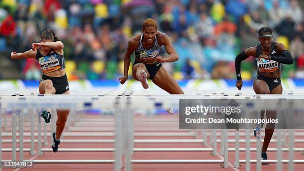 Phylicia George of Canada competes in the Womens 110m Hurdles during the AA Drink FBK Games held at the FBK Stadium on May 22, 2016 in Hengelo,...