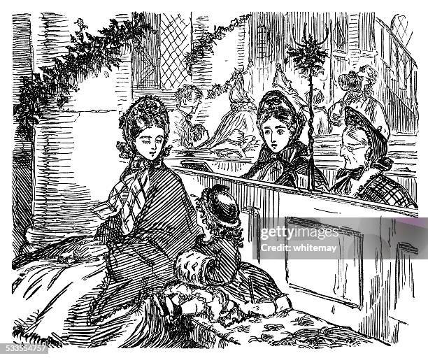 victorian people in church at christmas - asking mom stock illustrations