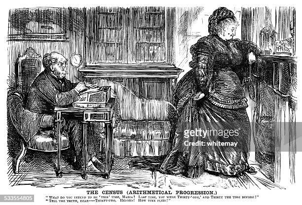 victorian couple completing a census form - fat female cartoon characters 幅插畫檔、美工圖案、卡通及圖標