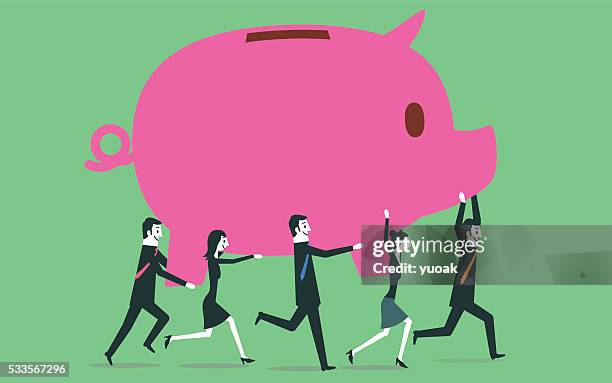 carrying piggy bank - money on the move stock illustrations