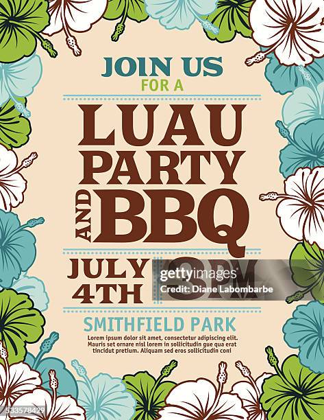 stockillustraties, clipart, cartoons en iconen met aloha hawaiian party invitation with hibiscus flowers - hawaiian glyph