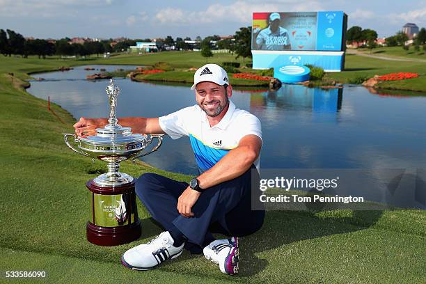 Sergio Garcia of Spain poses with the trophy after winning the AT&T Byron Nelson at the TPC Four Seasons Resort on May 22, 2016 in Irving, Texas.