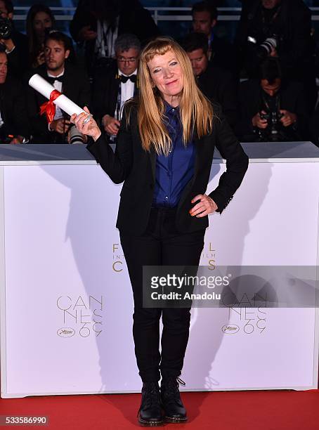 British director Andrea Arnold poses after receiving the Jury Prize for her movie 'American Honey' during the Award Winners photocall at the 69th...