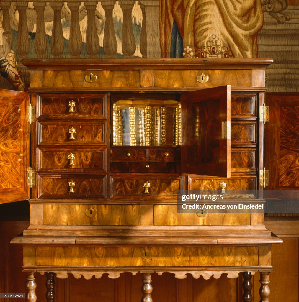 Close-up of English cabinet c1665 in the Gateway Room at Powis Castle, Powys, Wales