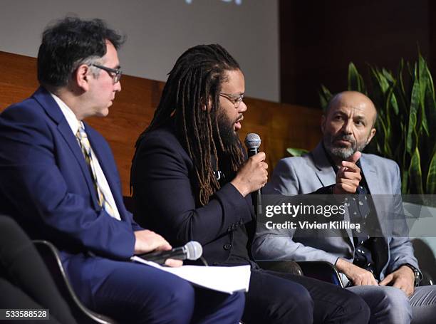 Executive Director of the ACLU of Southern California Hector Villagra, Founder of The Black List Franklin Leonard and actor Jay Abdo speak on a panel...