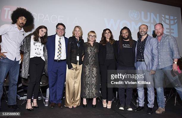 Poet Sean Hills, actress Rowan Blanchard, Executive Director of the ACLU of Southern California Hector Villagra, Greater Los Angeles Chapter of the...